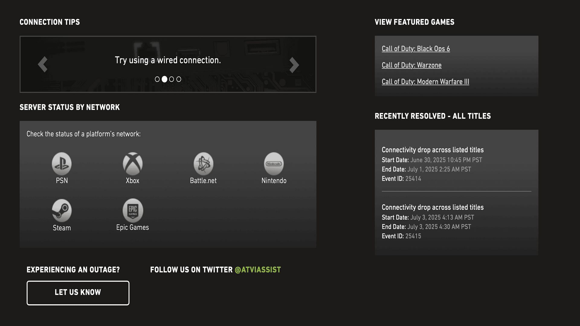 You can check the server status on Call of Duty's official server page (Image via Activision)